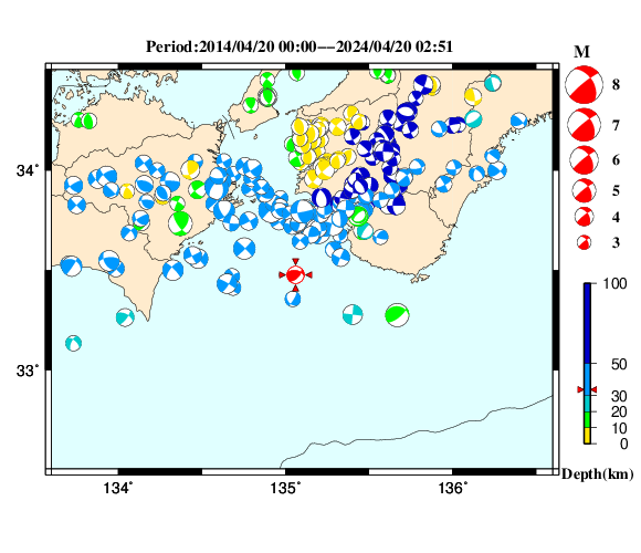 過去に起きた地震の初動発震機構解