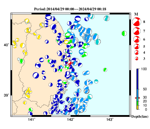 過去に起きた地震の初動発震機構解