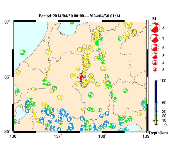 過去に起きた地震の初動発震機構解
