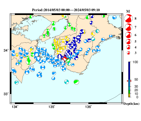 過去に起きた地震の初動発震機構解