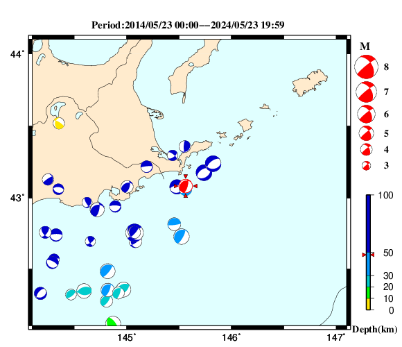 過去に起きた地震の初動発震機構解