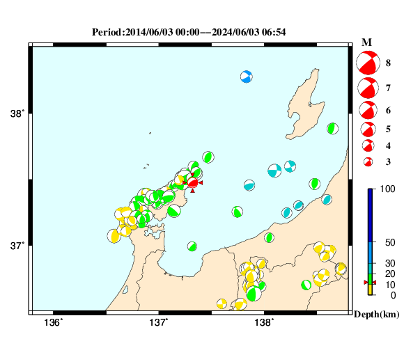 過去に起きた地震の初動発震機構解