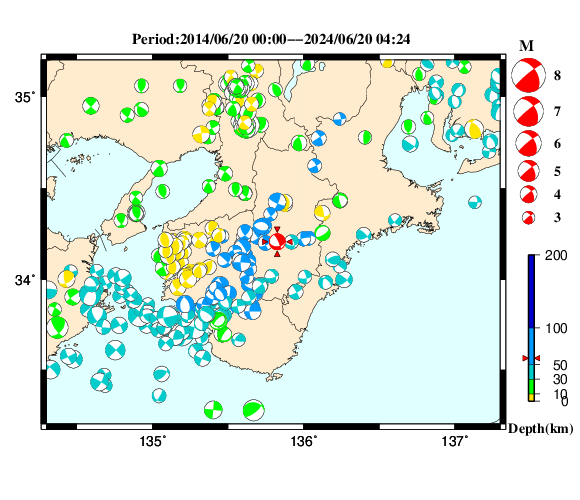 過去に起きた地震の初動発震機構解