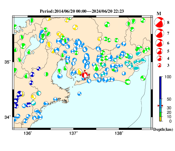 過去に起きた地震の初動発震機構解