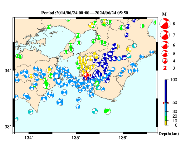 過去に起きた地震の初動発震機構解