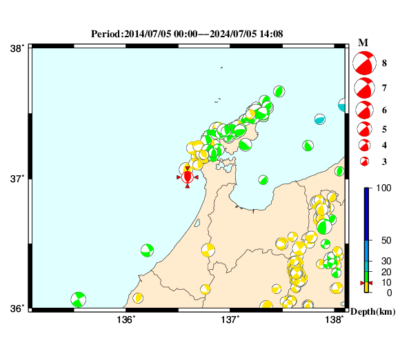 過去に起きた地震の初動発震機構解