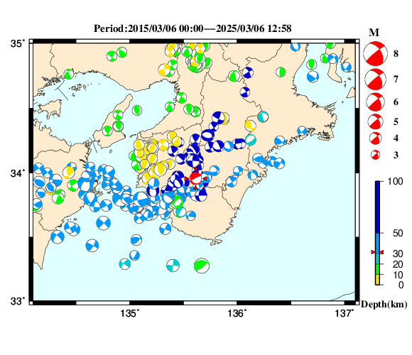 過去に起きた地震の初動発震機構解