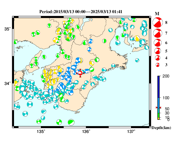 過去に起きた地震の初動発震機構解