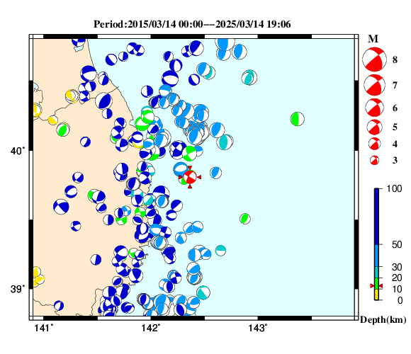 過去に起きた地震の初動発震機構解