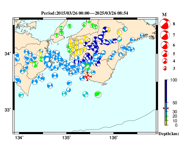 過去に起きた地震の初動発震機構解