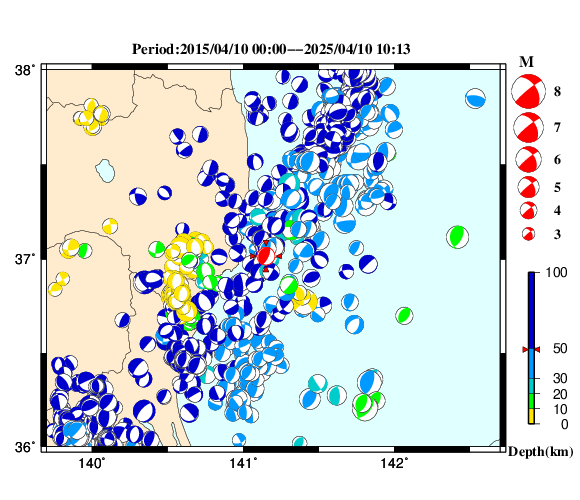 過去に起きた地震の初動発震機構解