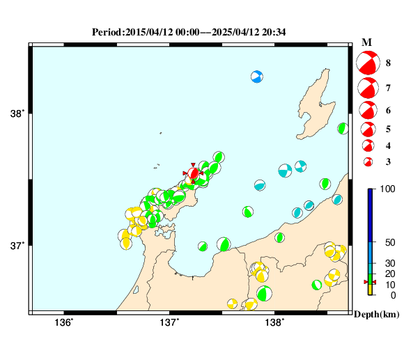 過去に起きた地震の初動発震機構解