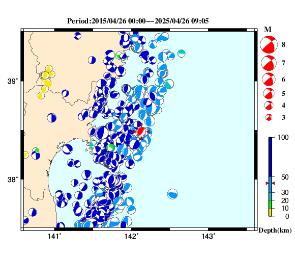 過去に起きた地震の初動発震機構解