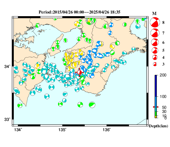 過去に起きた地震の初動発震機構解
