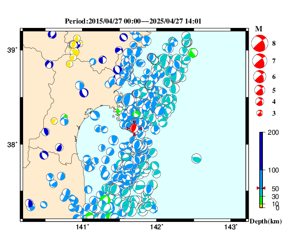 過去に起きた地震の初動発震機構解