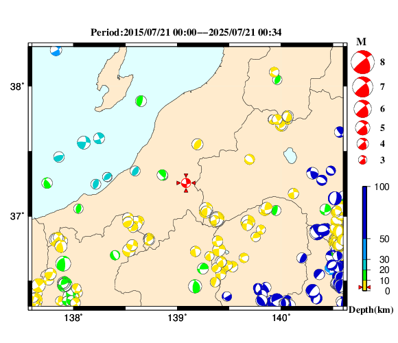 過去に起きた地震の初動発震機構解