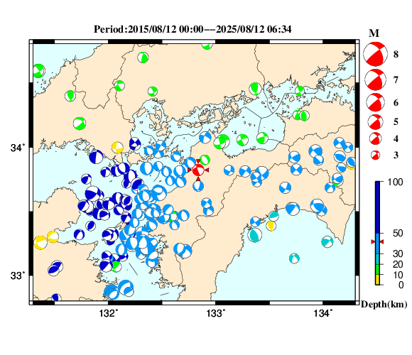 過去に起きた地震の初動発震機構解