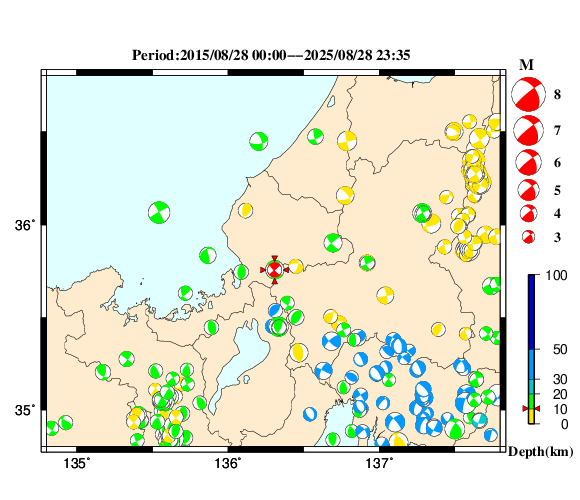 過去に起きた地震の初動発震機構解