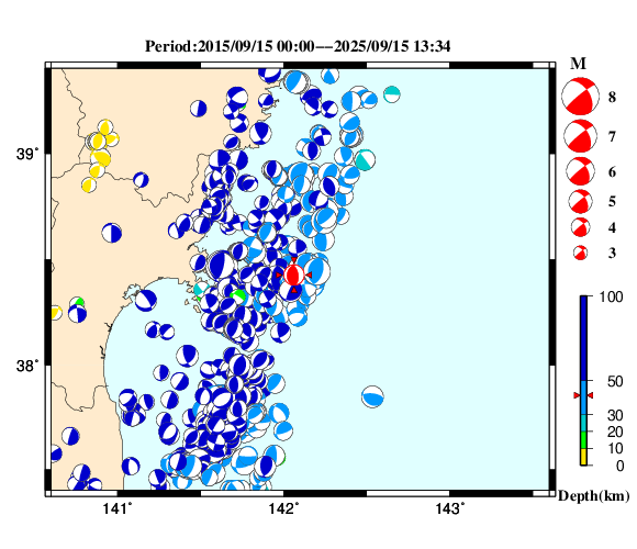 過去に起きた地震の初動発震機構解
