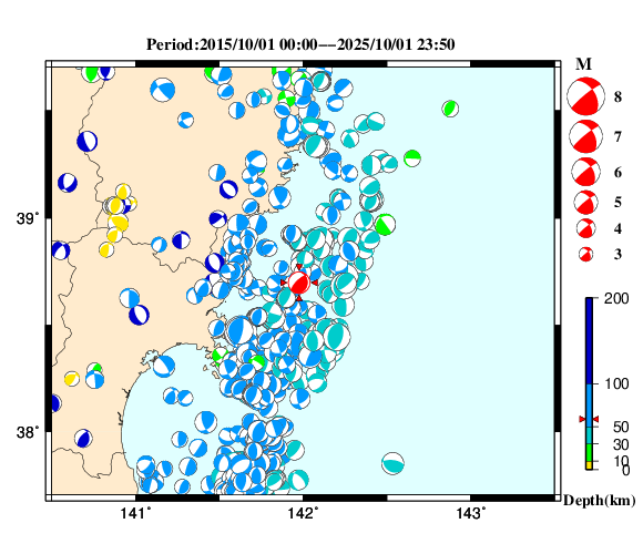 過去に起きた地震の初動発震機構解