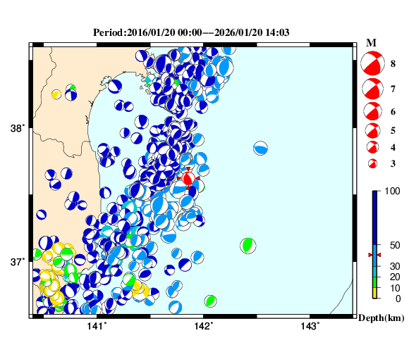 過去に起きた地震の初動発震機構解