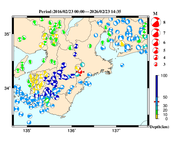 過去に起きた地震の初動発震機構解