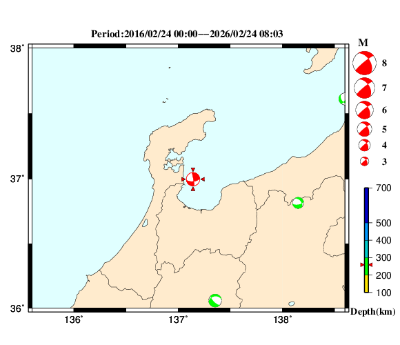 過去に起きた地震の初動発震機構解