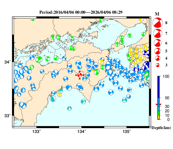 過去に起きた地震の初動発震機構解