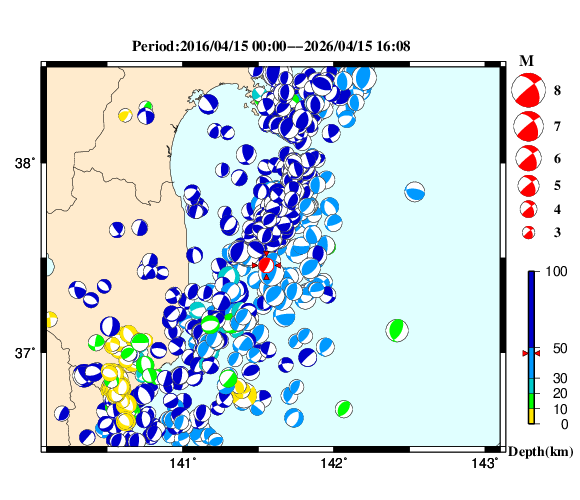 過去に起きた地震の初動発震機構解
