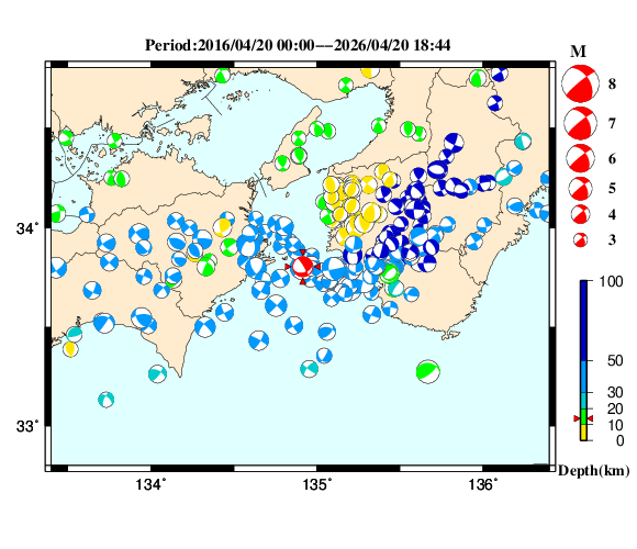 過去に起きた地震の初動発震機構解