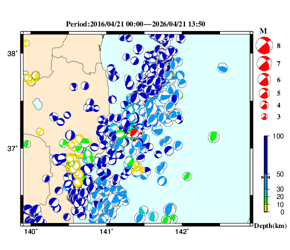 過去に起きた地震の初動発震機構解
