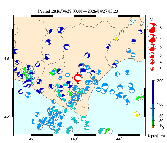 過去に起きた地震の初動発震機構解