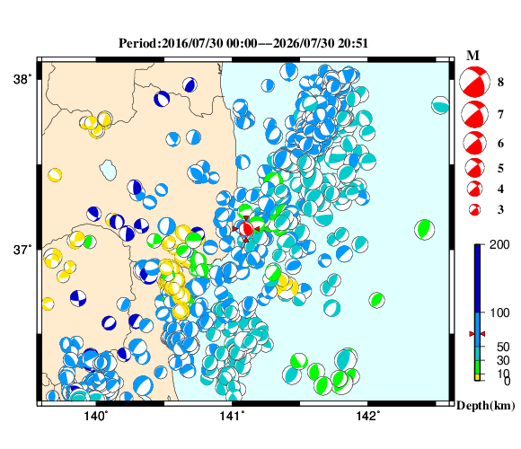 過去に起きた地震の初動発震機構解