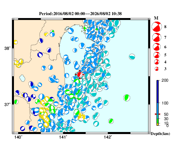 過去に起きた地震の初動発震機構解