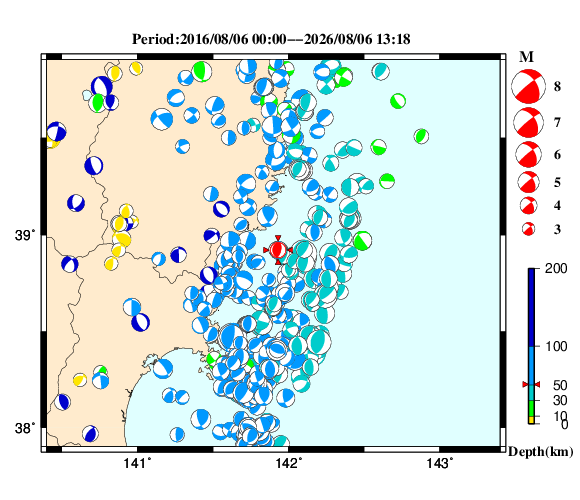 過去に起きた地震の初動発震機構解