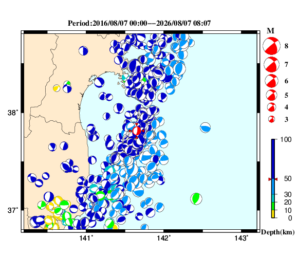 過去に起きた地震の初動発震機構解