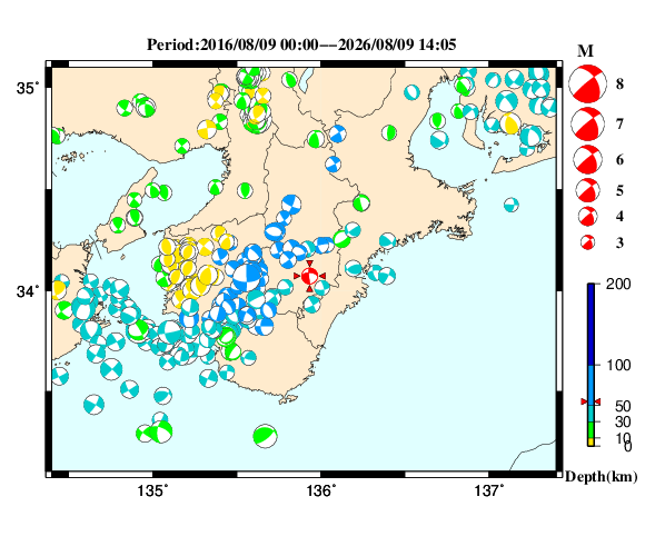 過去に起きた地震の初動発震機構解