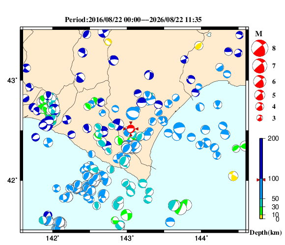 過去に起きた地震の初動発震機構解