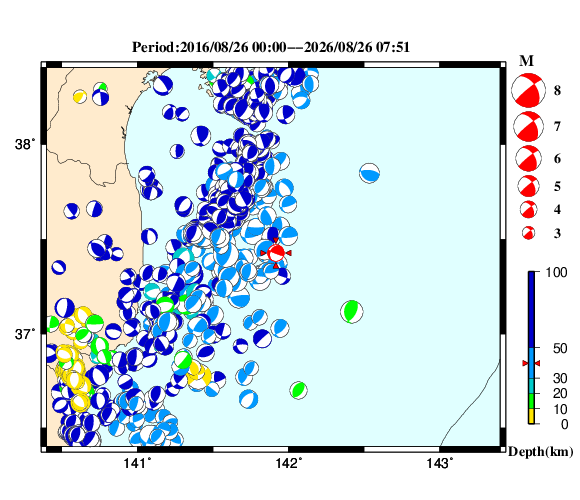 過去に起きた地震の初動発震機構解