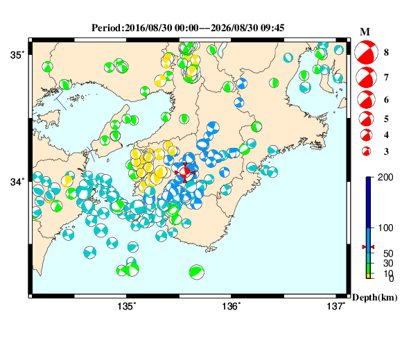 過去に起きた地震の初動発震機構解