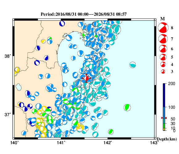 過去に起きた地震の初動発震機構解