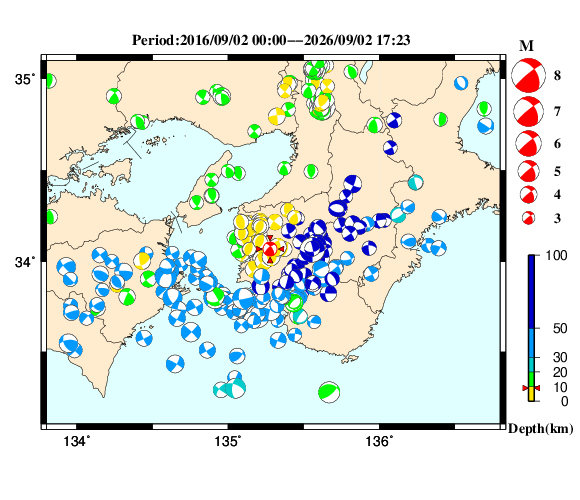 過去に起きた地震の初動発震機構解