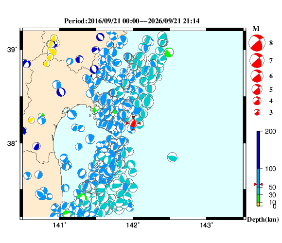 過去に起きた地震の初動発震機構解