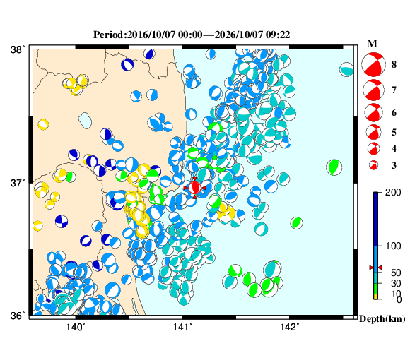 過去に起きた地震の初動発震機構解