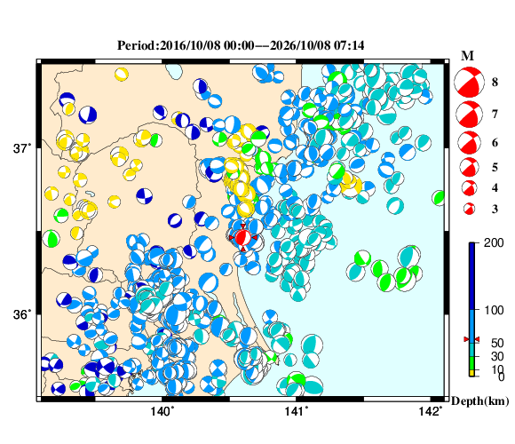 過去に起きた地震の初動発震機構解
