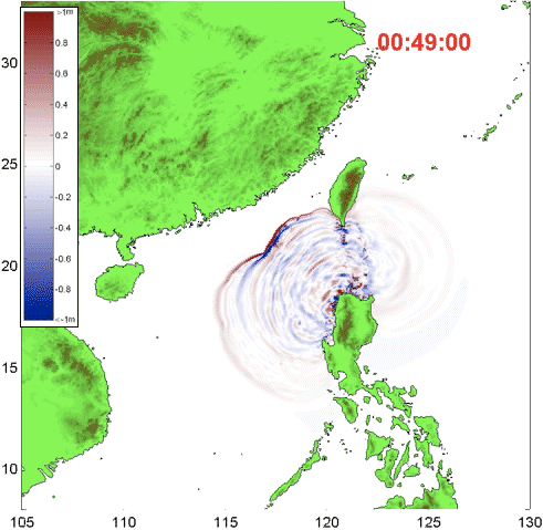 Wave propagation 49 minutes after the earthquake occurrence.