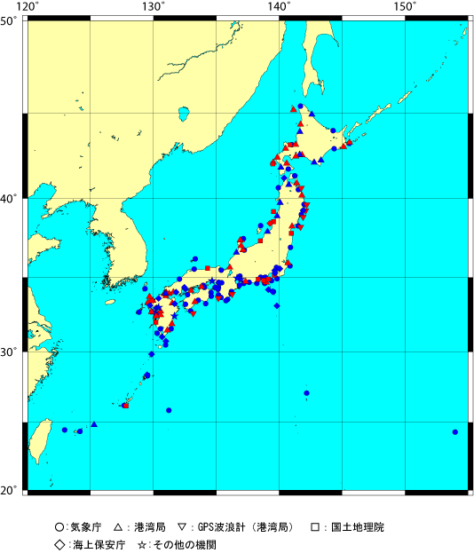 津波観測情報で津波の観測値を発表する場所(平成21年9月1日現在) 津波観測情報で津波の観測値を発表する検潮所の場所。赤印が平成20年7月1日以降に追加された地点を示す。青丸は従来の発表地点