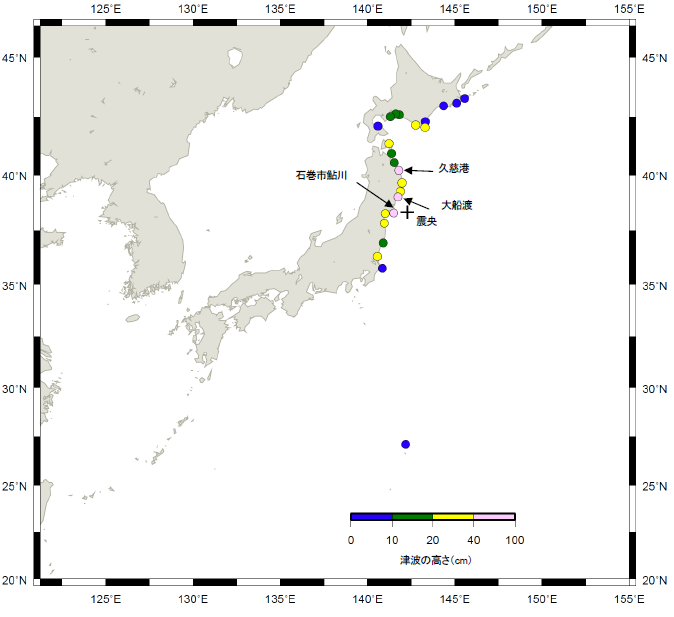 日本国内の検潮所で観測した津波の最大の高さの分布図