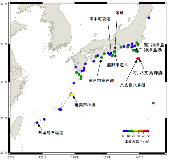 日本国内の検潮所で観測した津波の最大の高さの分布図