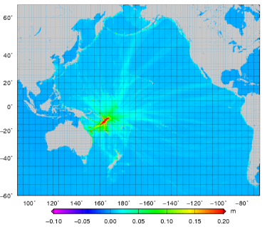 シミュレーションした結果の太平洋沿岸での津波の高さ分布図